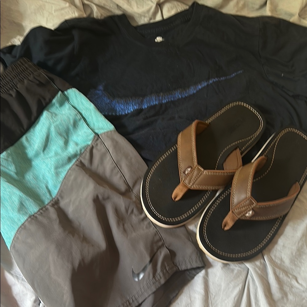 Never worn! Nike Tri-Tone Swim Shorts - Black, Teal, Gray shirt and sandals.